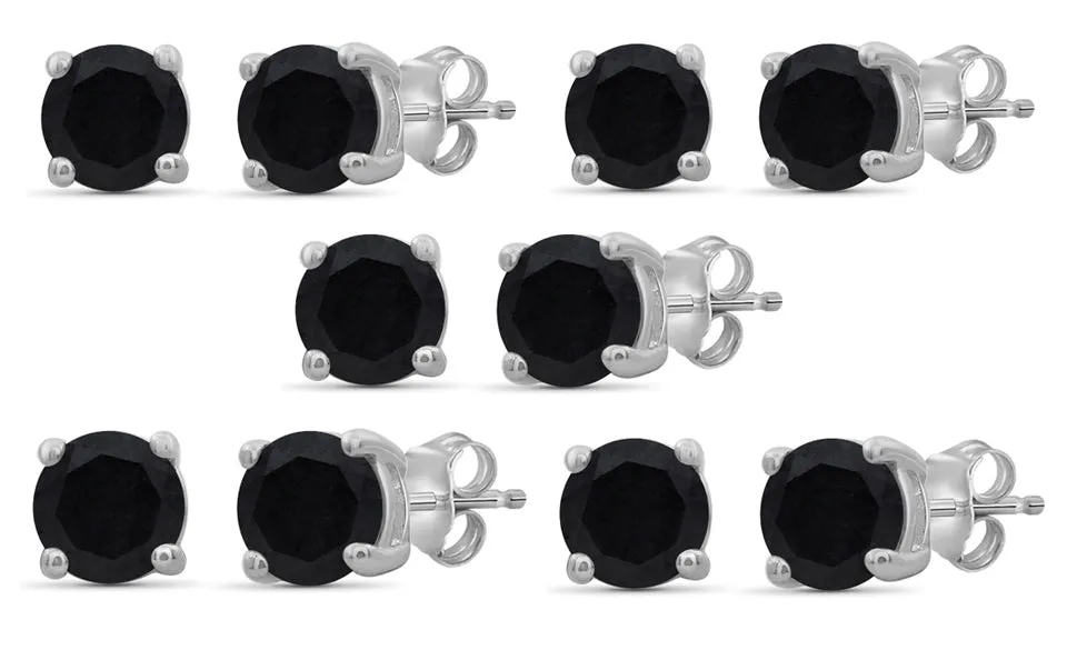 18k White Gold Plated Created Black Sapphire 1/2Ct Round Set of Five Stud Earrings