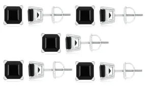 18k White Gold Plated Created Black Sapphire 1/2Ct Square Cut Pack of Five Stud Earrings