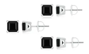 18k White Gold Plated Created Black Sapphire 1/2Ct Square Cut Pack of Three Stud Earrings