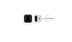 18k White Gold Plated Created Black Sapphire 2Ct Square Cut Stud Earrings