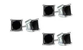 18k White Gold Plated Created Black Sapphire 3Ct Princess Cut Pack of Three Stud Earrings