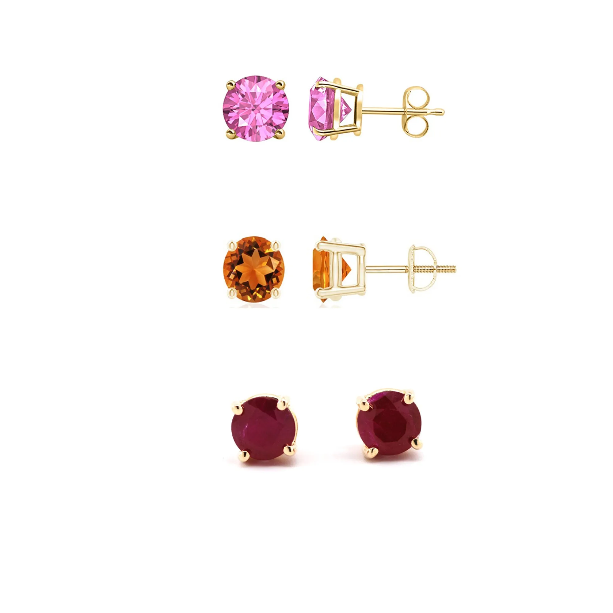 18k Yellow Gold Plated 3Ct Created Pink Sapphire, Citrine and Garnet 3 Pair Round Stud Earrings