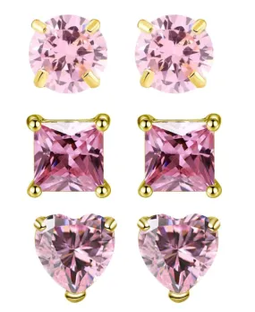 18k Yellow Gold Plated 6mm Created Tourmaline 3 Pair Round, Square and Heart Stud Earrings