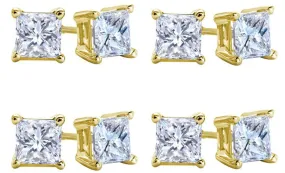 18k Yellow Gold Plated Created White Sapphire 1 Carat Square Cut Pack of Four Stud Earrings