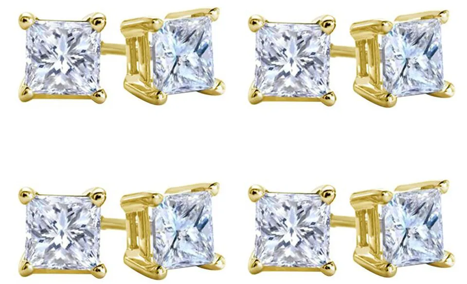 18k Yellow Gold Plated Created White Sapphire 1 Carat Square Cut Pack of Four Stud Earrings