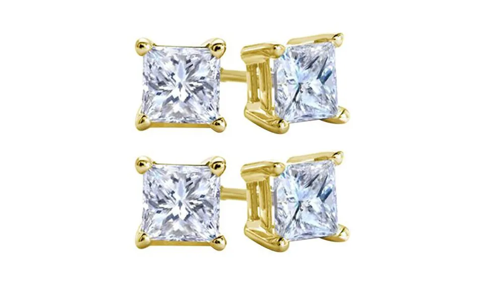 18k Yellow Gold Plated Created White Sapphire 2 Carat Square Cut Pack of Two Stud Earrings