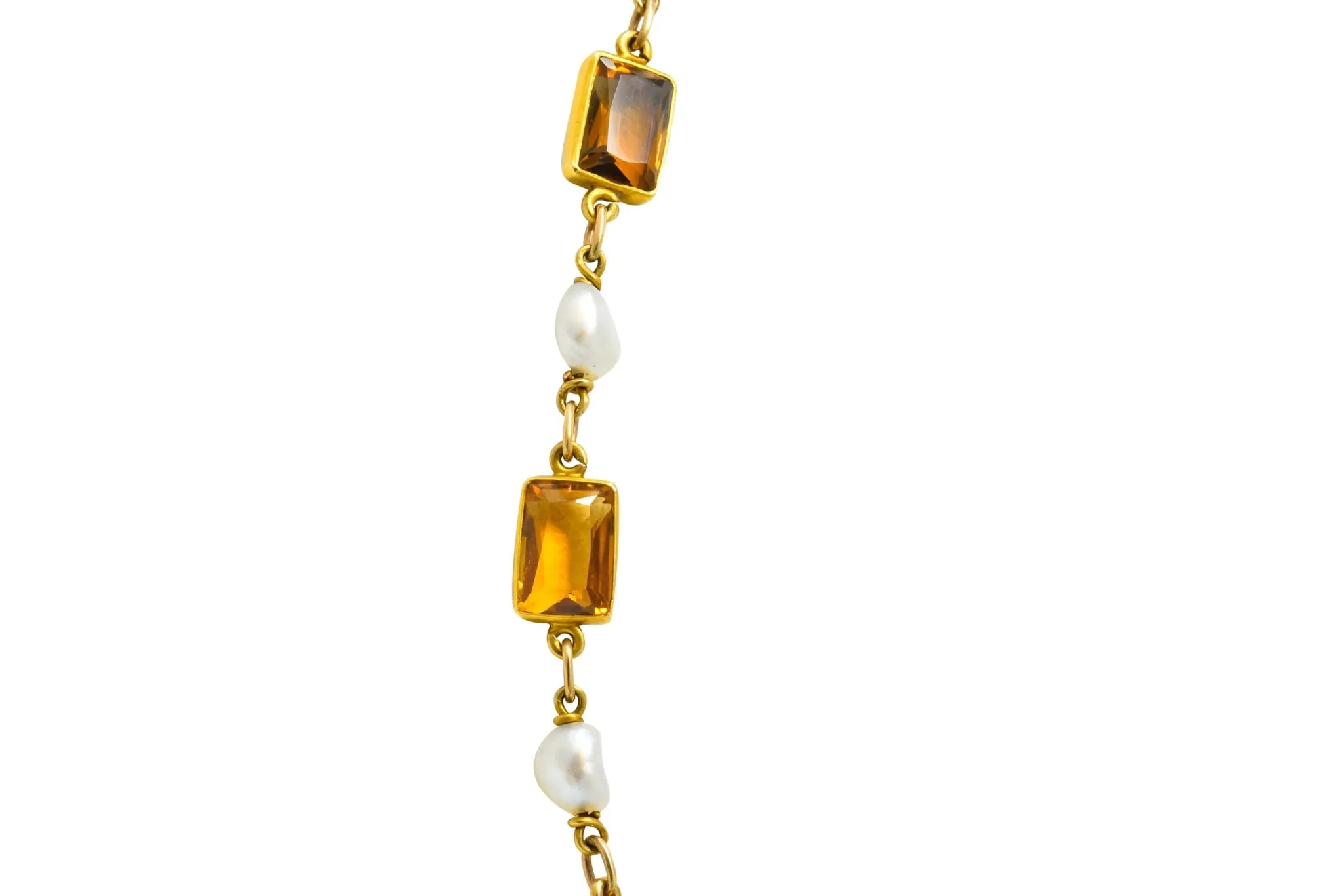 1905 Art Nouveau Citrine Pearl 14 Karat Gold Link Necklace