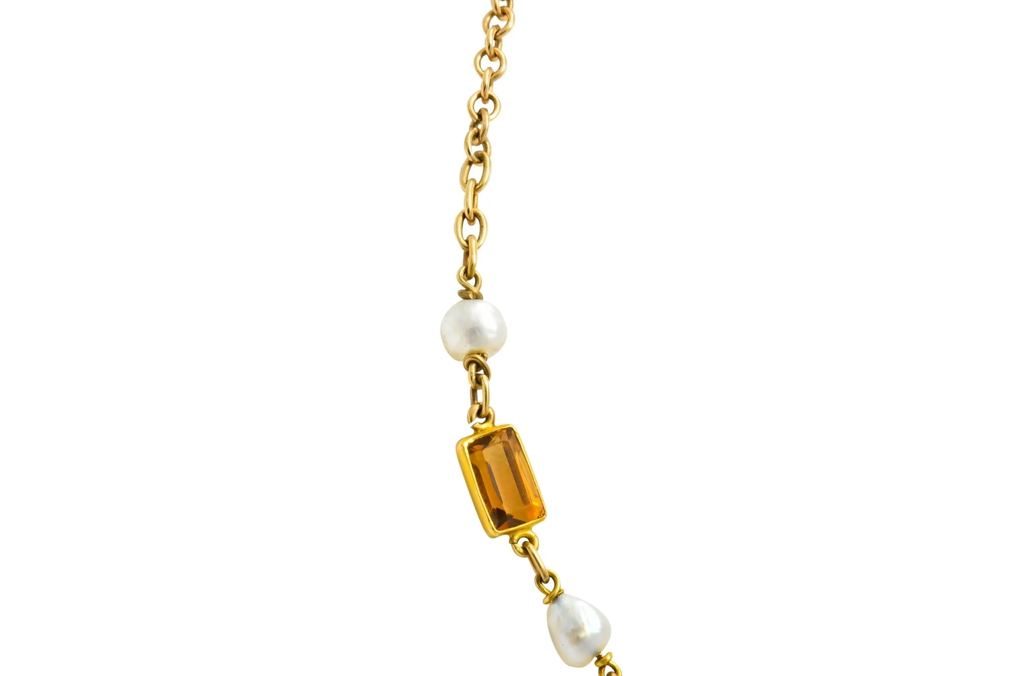 1905 Art Nouveau Citrine Pearl 14 Karat Gold Link Necklace