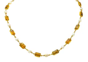 1905 Art Nouveau Citrine Pearl 14 Karat Gold Link Necklace