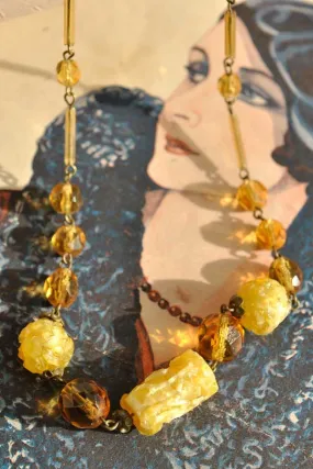 1930s Vintage Deco Citrine Art Glass Yellow Beaded Necklace