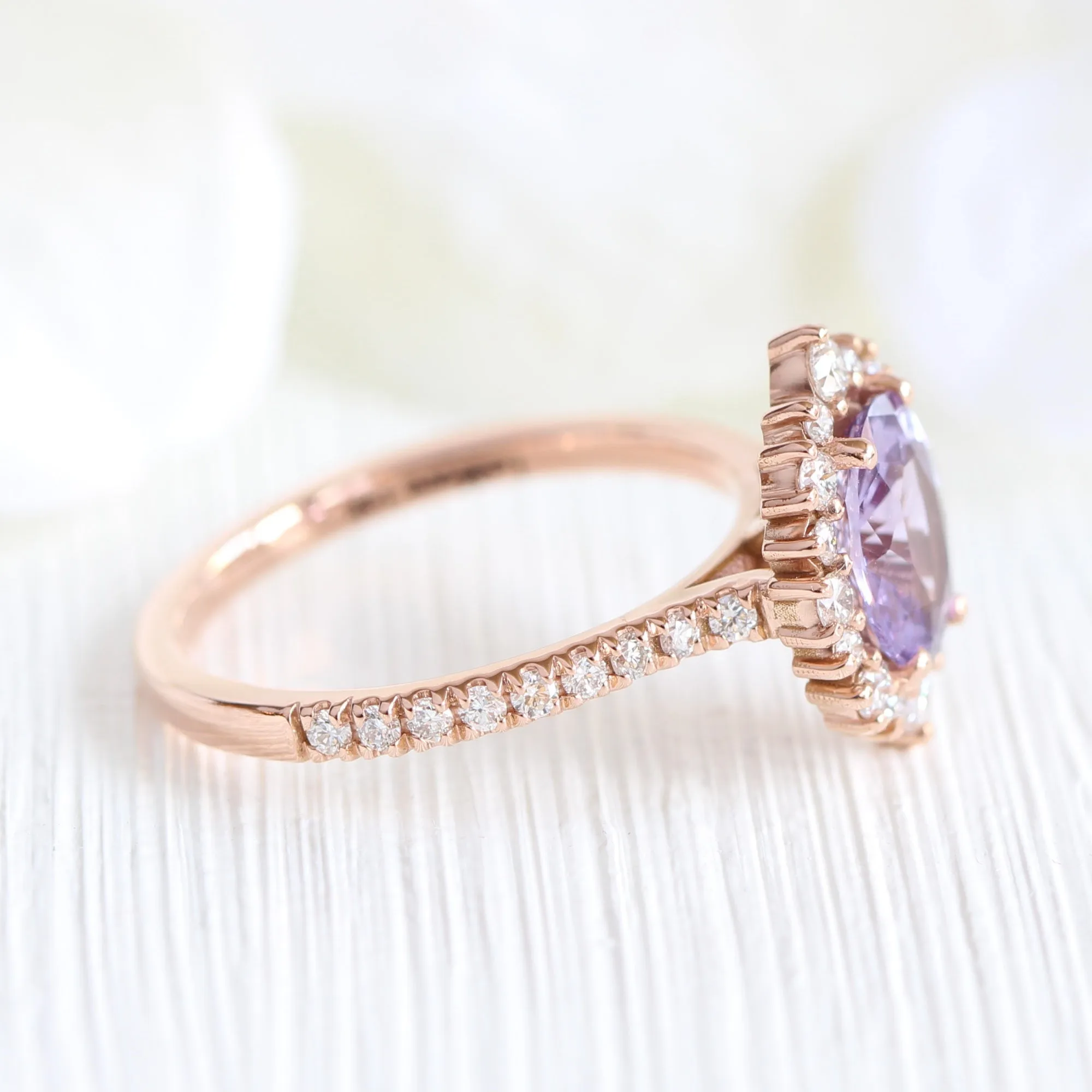 2.22 Ct Oval Purple Sapphire Ring in 14k Rose Gold Tiara Halo Pave Diamond, Size 6.25