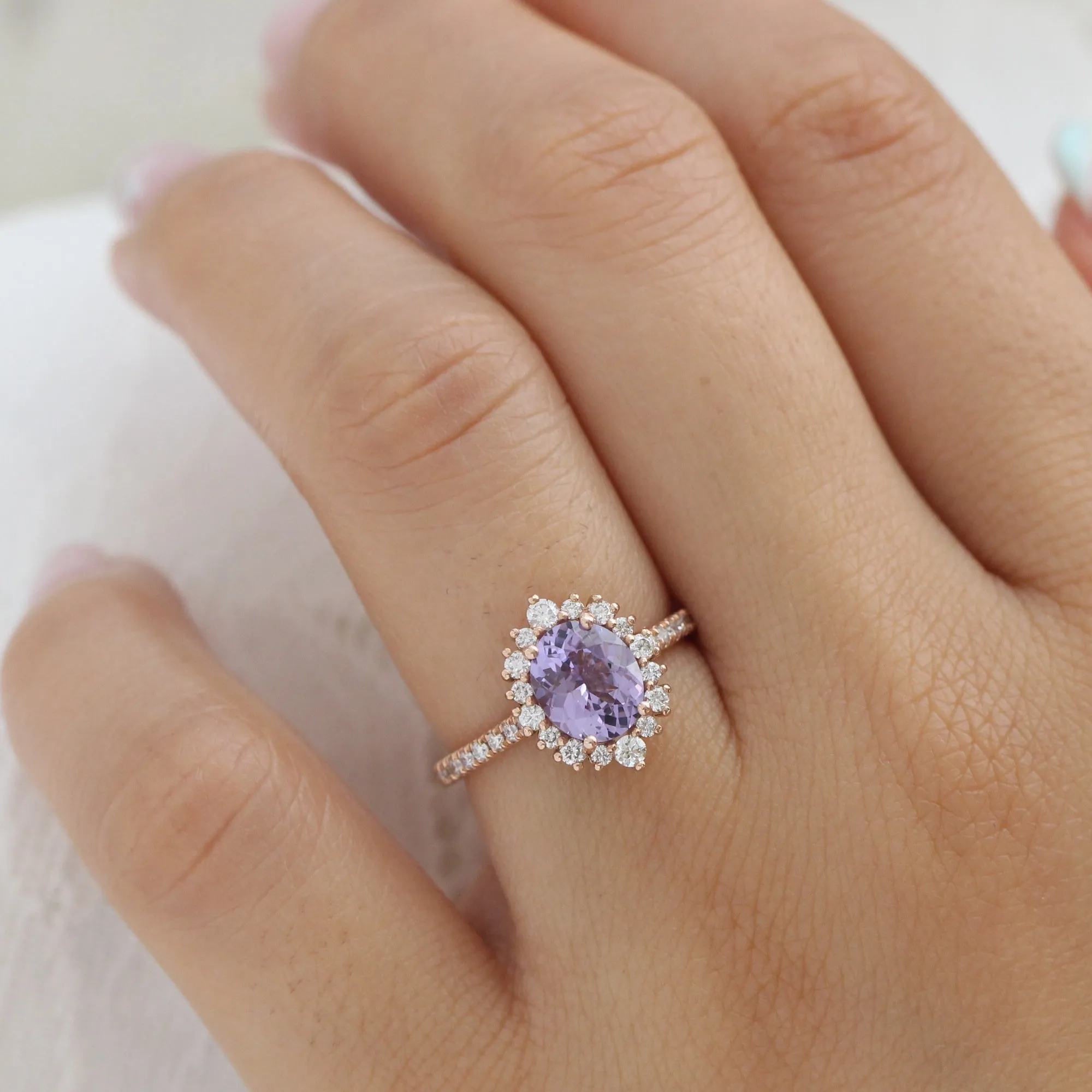 2.22 Ct Oval Purple Sapphire Ring in 14k Rose Gold Tiara Halo Pave Diamond, Size 6.25