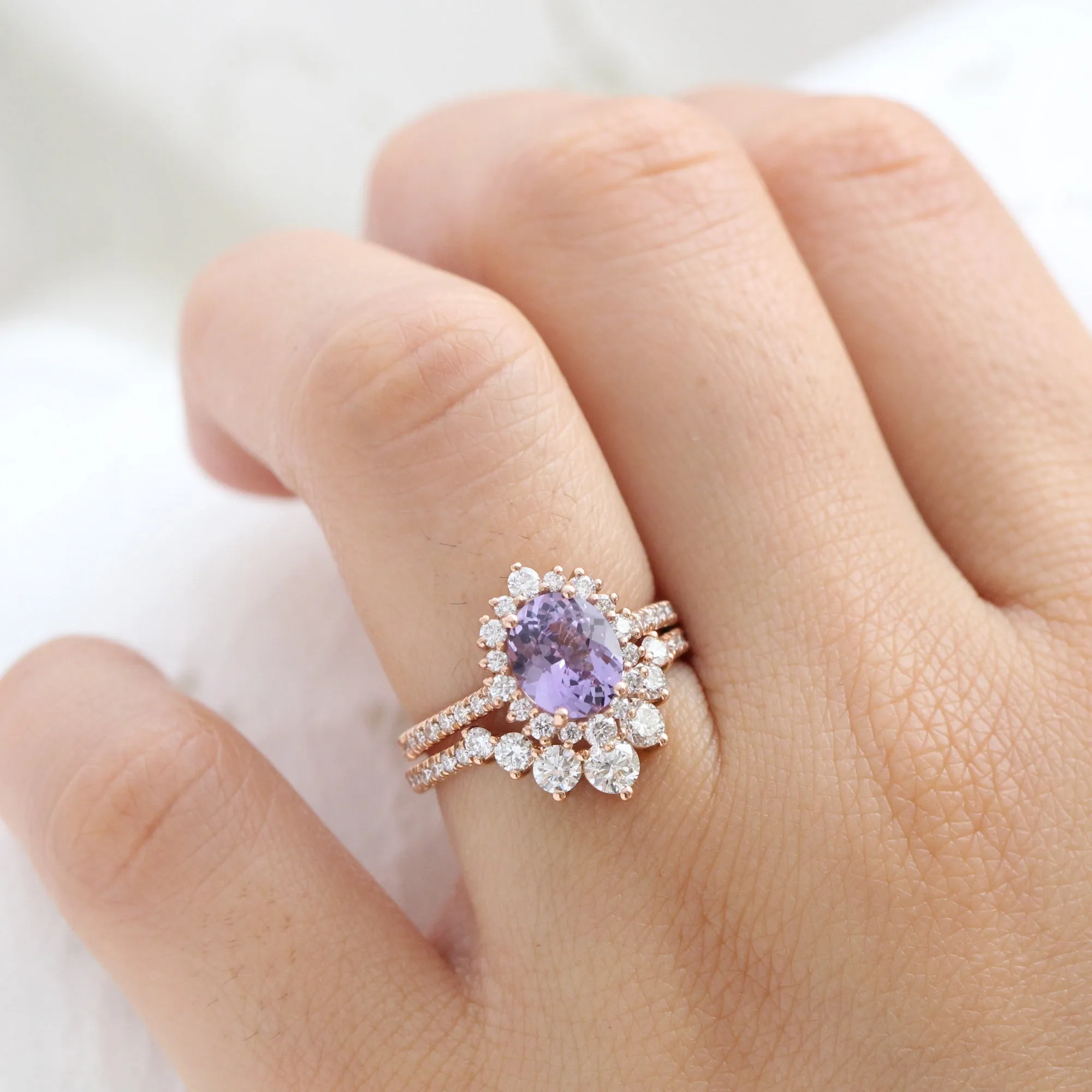 2.22 Ct Oval Purple Sapphire Ring in 14k Rose Gold Tiara Halo Pave Diamond, Size 6.25