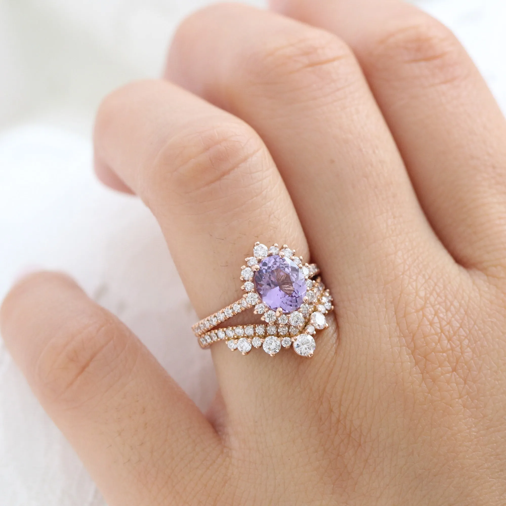 2.22 Ct Oval Purple Sapphire Ring in 14k Rose Gold Tiara Halo Pave Diamond, Size 6.25