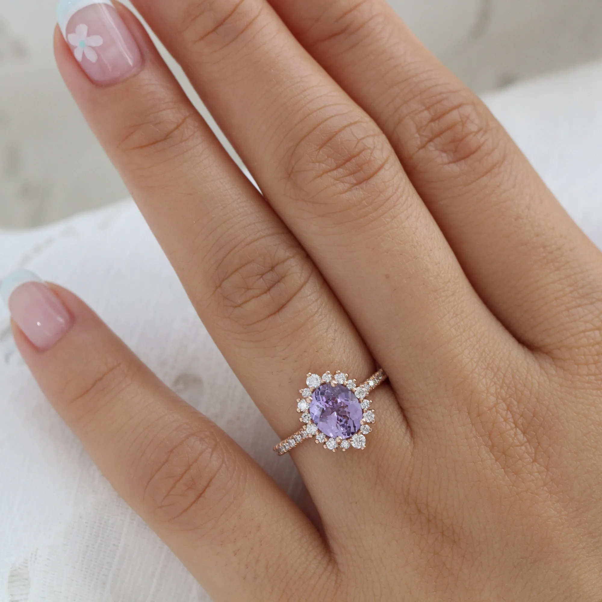 2.22 Ct Oval Purple Sapphire Ring in 14k Rose Gold Tiara Halo Pave Diamond, Size 6.25