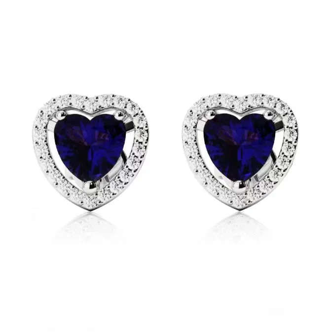 24k White Gold Plated 1 Ct Created Halo Heart Blue Sapphire Stud Earrings