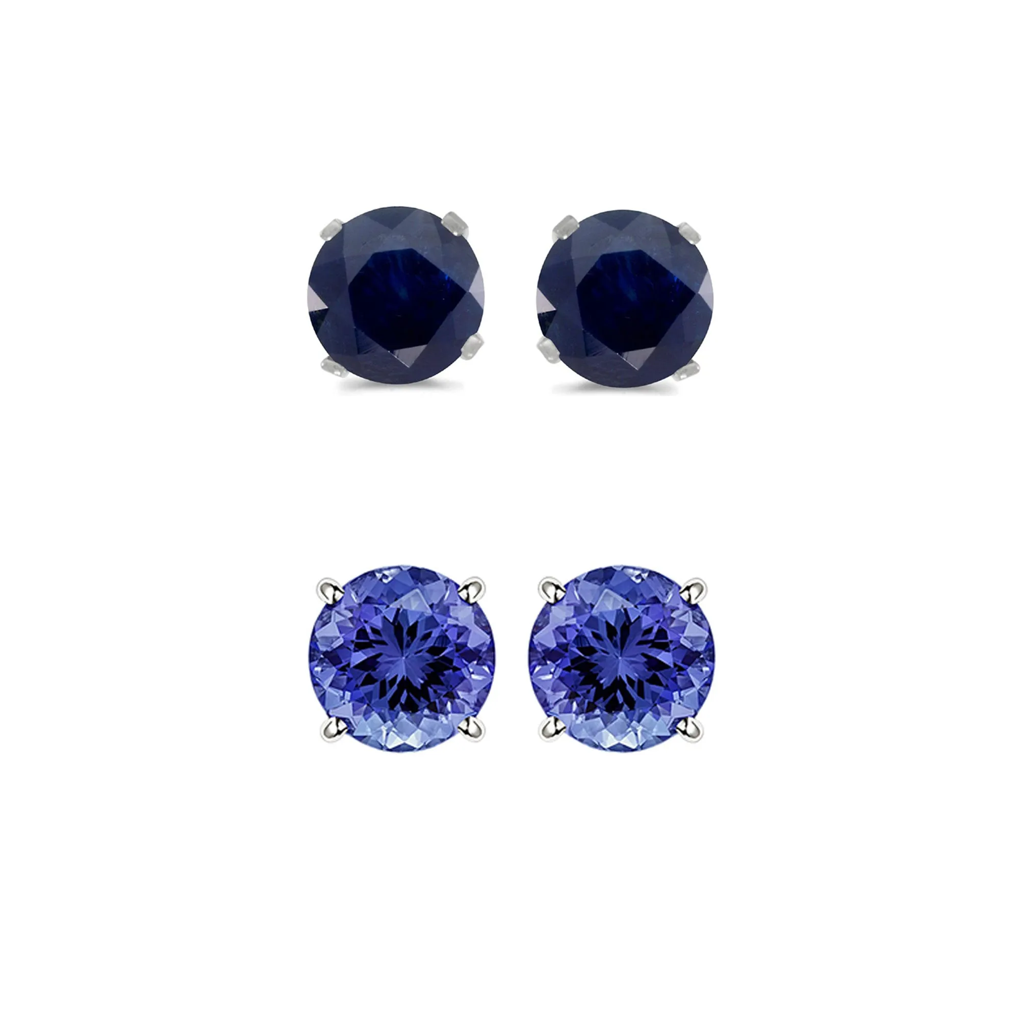 24k White Gold Plated 1/2Ct Created Black Sapphire and Tanzanite 2 Pair Round Stud Earrings