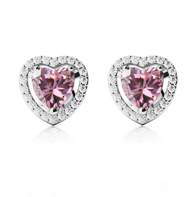 24k White  Gold Plated 3 Ct Created Halo Heart Pink Sapphire Stud Earrings