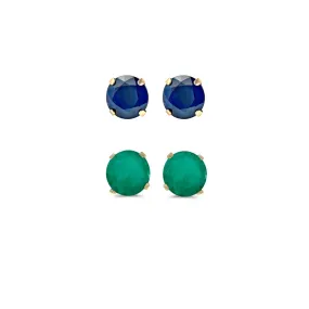 24k Yellow Gold Plated 3Ct Created Blue Sapphire and Emerald 2 Pair Round Stud Earrings