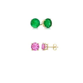 24k Yellow Gold Plated 3Ct Created Emerald and Pink sapphire 2 Pair Round Stud Earrings