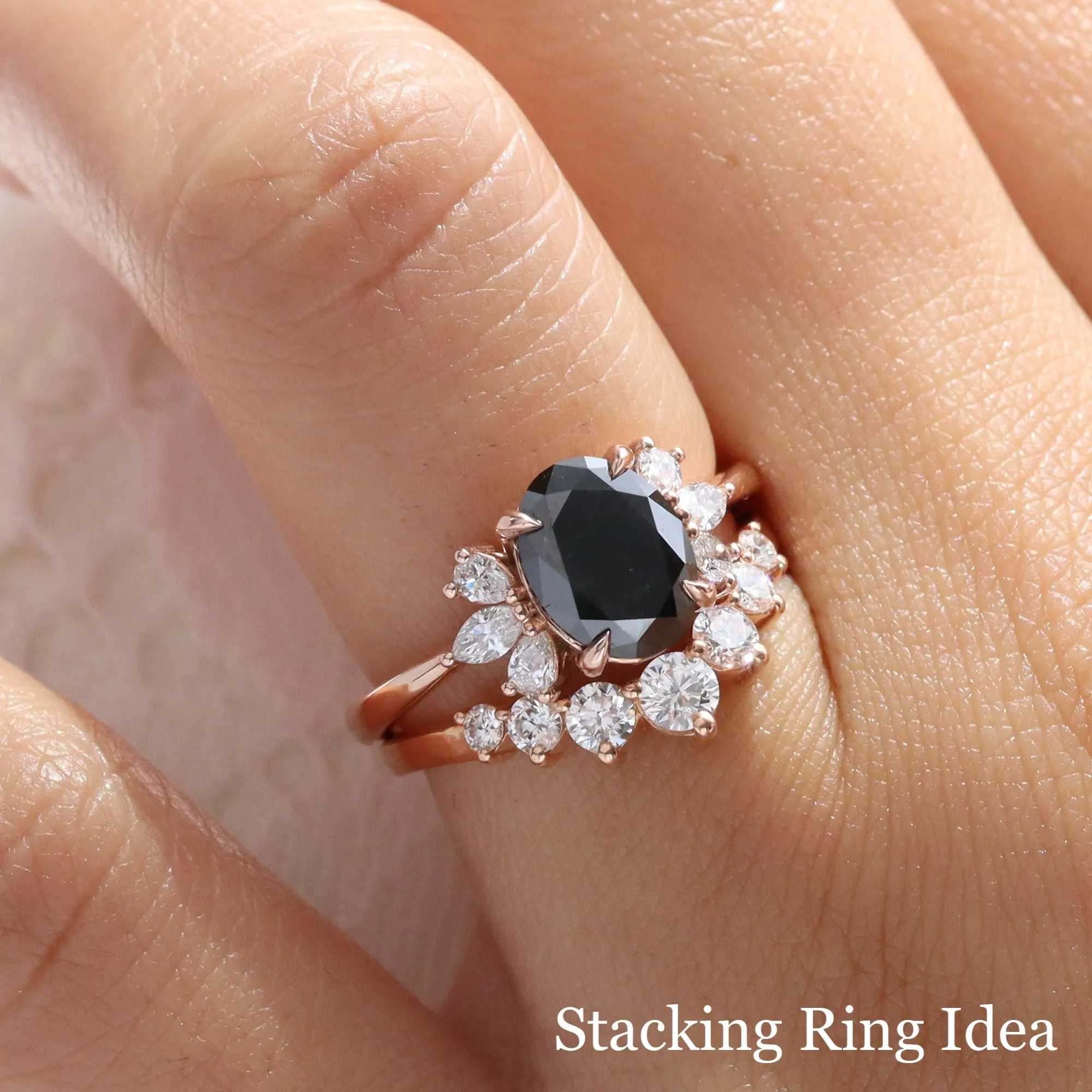 2.5 Ct. Oval Black Diamond Ring in Fairy 3 Stone Diamond Band