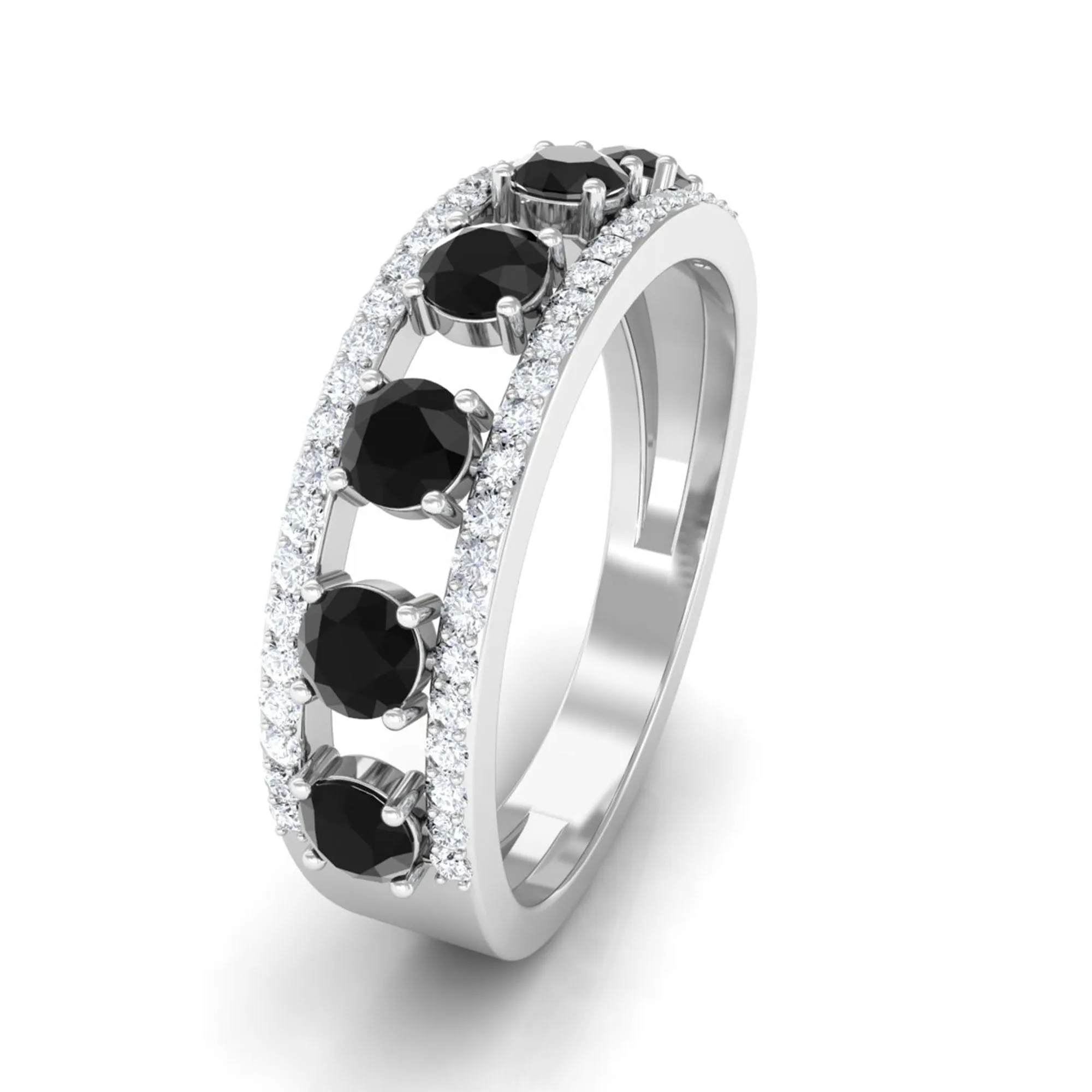 3/4 CT Black Spinel Anniversary Band Ring with Diamond