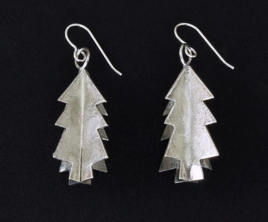 3D Textured Sterling Silver Christmas Tree Earrings with Sterling Silver Earring Wires