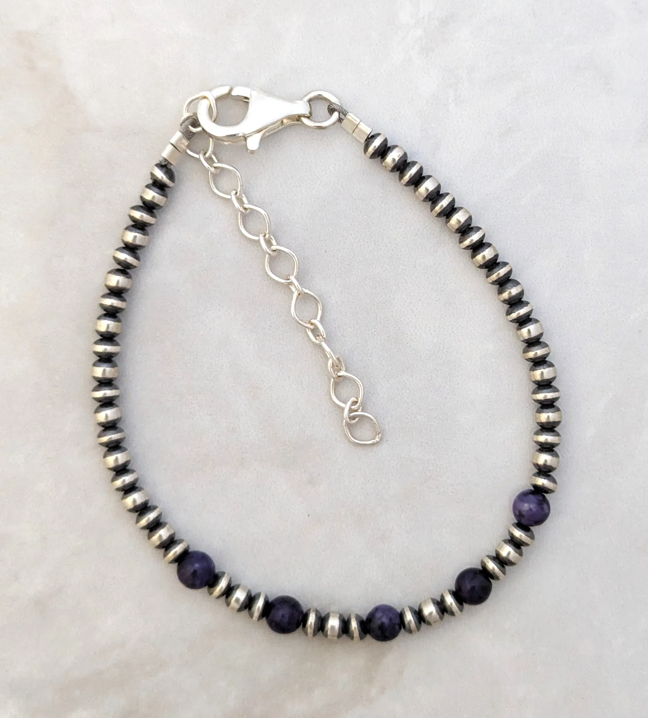 3mm Navajo Pearls & 5 Stone Charoite Bracelet Sterling Silver