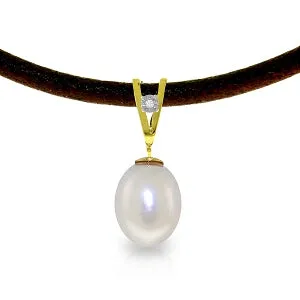 4.01 Carat 14K Solid Yellow Gold Leather Necklace Diamond Pearl