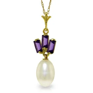 4.68 Carat 14K Solid Yellow Gold Plum Blossom Amethyst Pearl Necklace