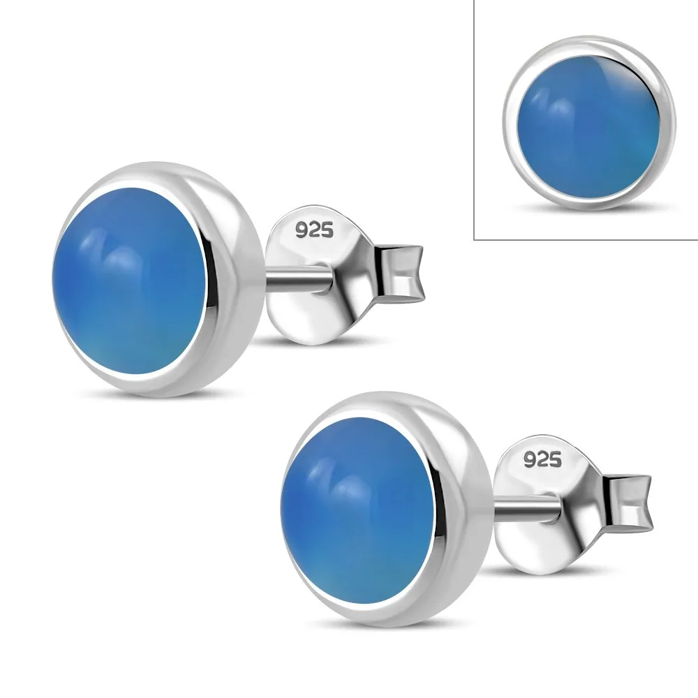 6.50mm | Blue Agate Round Silver Stud Earrings