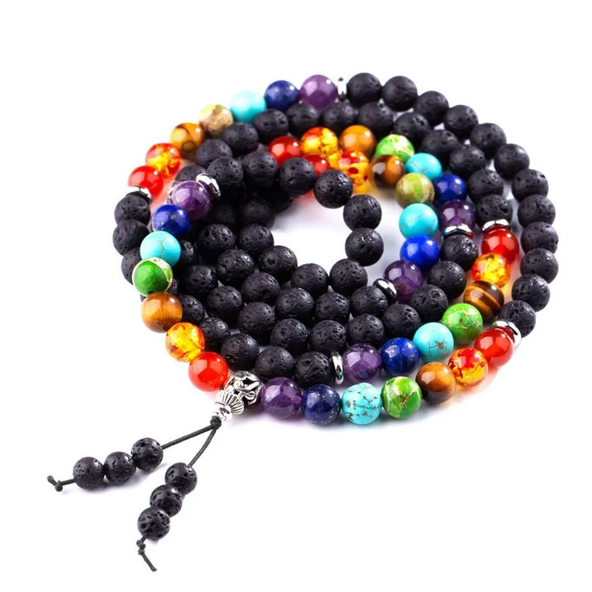 7 Chakra and Lava Stone 108 Beads Mala Bracelet