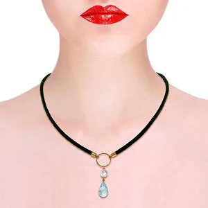 9 Carat 14K Solid Rose Gold Leather Necklace Pearl Blue Topaz