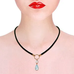 9 Carat 14K Solid Rose Gold Leather Necklace Pearl Blue Topaz