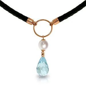 9 Carat 14K Solid Rose Gold Leather Necklace Pearl Blue Topaz