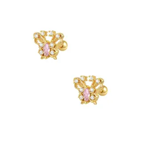 925 Silver Pink Butterfly CZ Diamond Ball Back Earrings