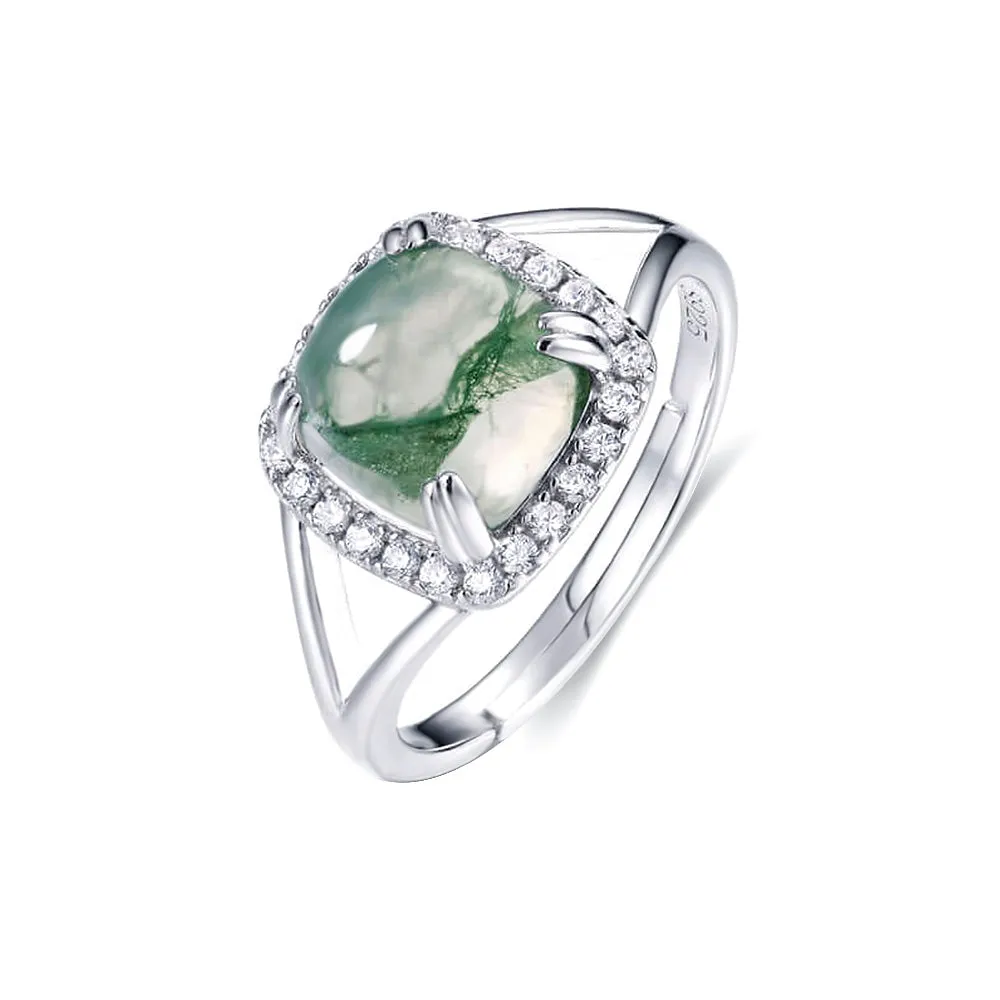 925 Sterling Silver Cushion Moss Agate Engagement Adjustable Ring