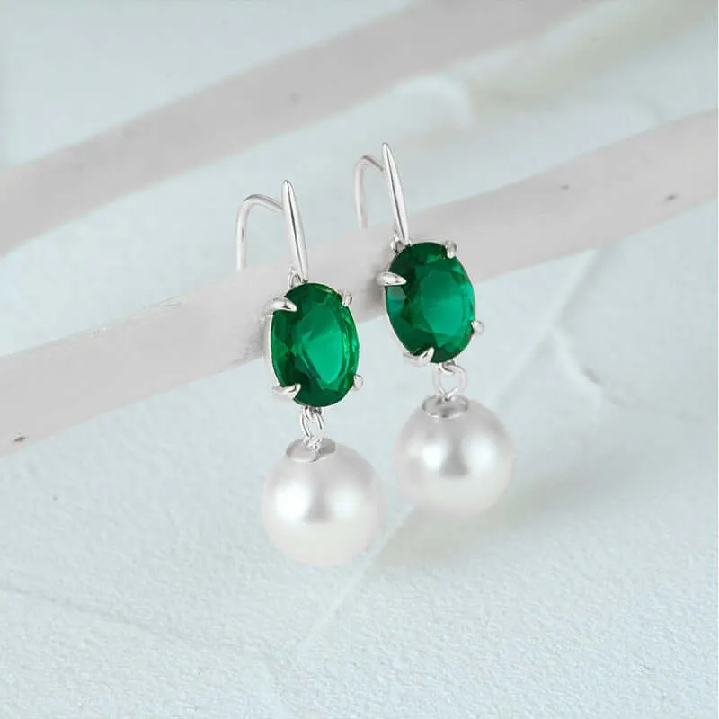 925 Sterling Silver Fashion Elegant Pearl Drop Earrings with Green Cubic Zirconia