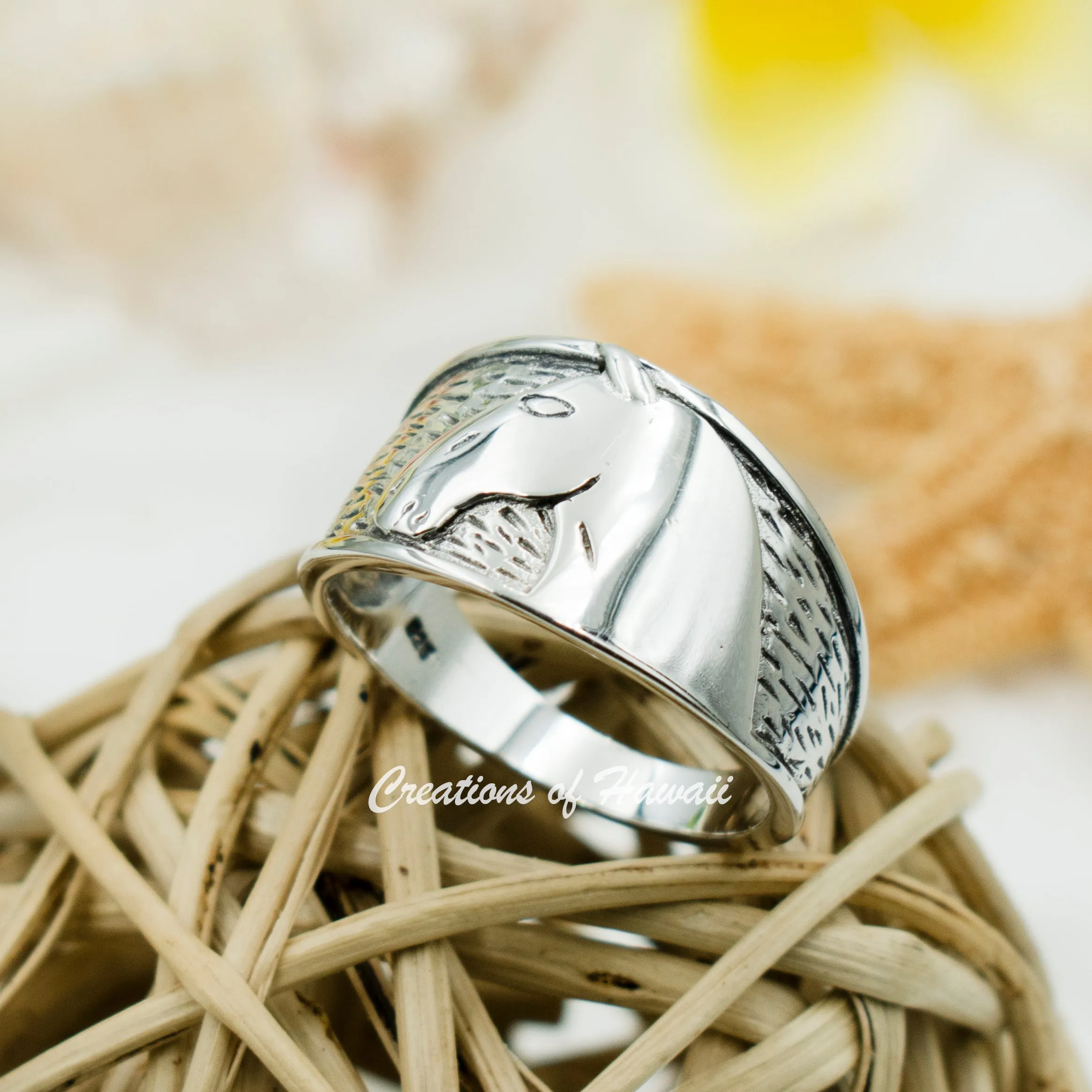 925 Sterling Silver Horse Face Ring for Boys, Men & Women.  15mm Wide Farmer, Country, County, State Fair, Horse Racetrack Statement Ring.