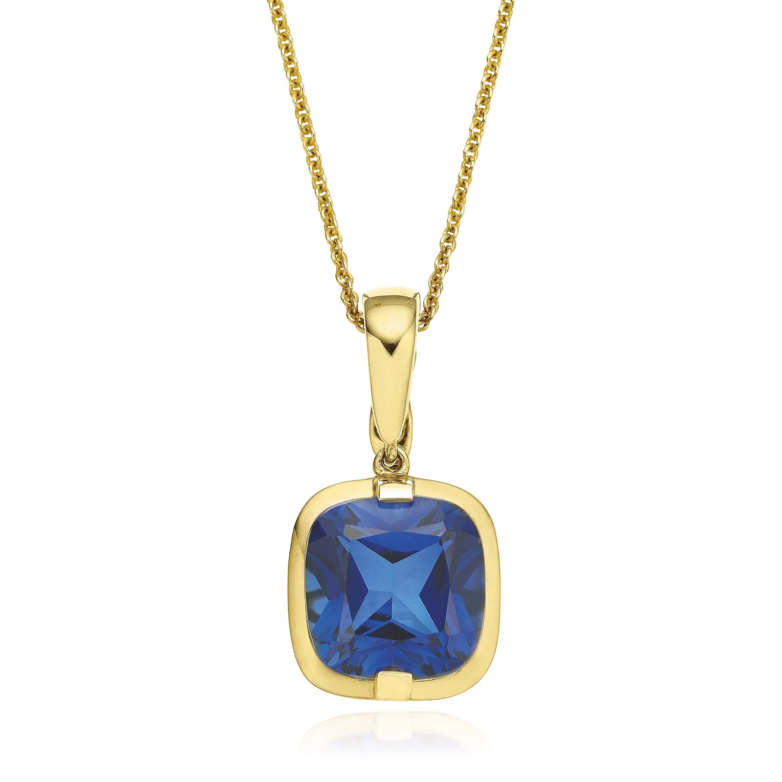 9ct Yellow Gold Cushion Cut 8mm Created Blue Sapphire Enhancer Pendant