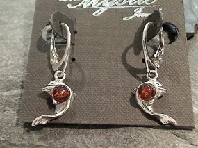 Amber, Sterling Silver Dolphin Earrings