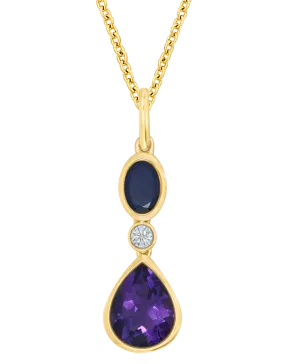 Amethyst Pendant - 10ct Yellow Gold Amethyst, Blue Sapphire and Diamond Pendant - 786687