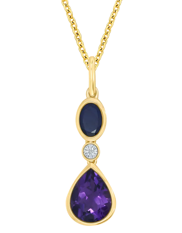 Amethyst Pendant - 10ct Yellow Gold Amethyst, Blue Sapphire and Diamond Pendant - 786687