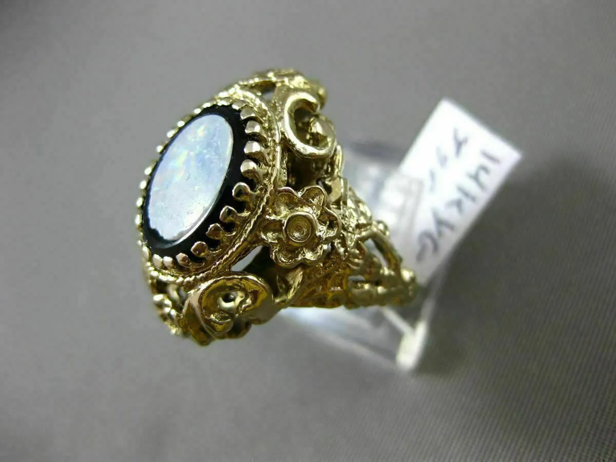 ANTIQUE LARGE BLACK ONYX & OPAL 14K YELLOW GOLD MULTI ROYAL FILIGREE FLOWER RING