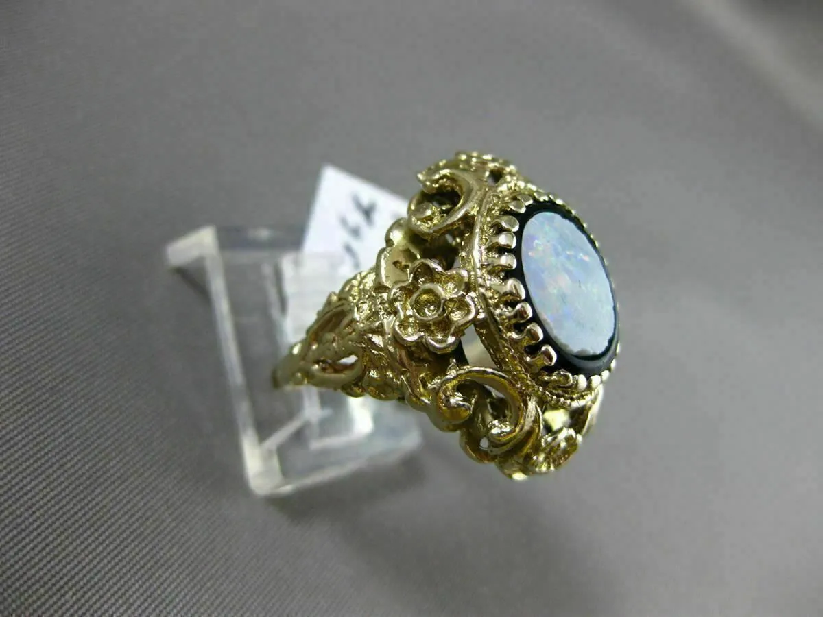 ANTIQUE LARGE BLACK ONYX & OPAL 14K YELLOW GOLD MULTI ROYAL FILIGREE FLOWER RING