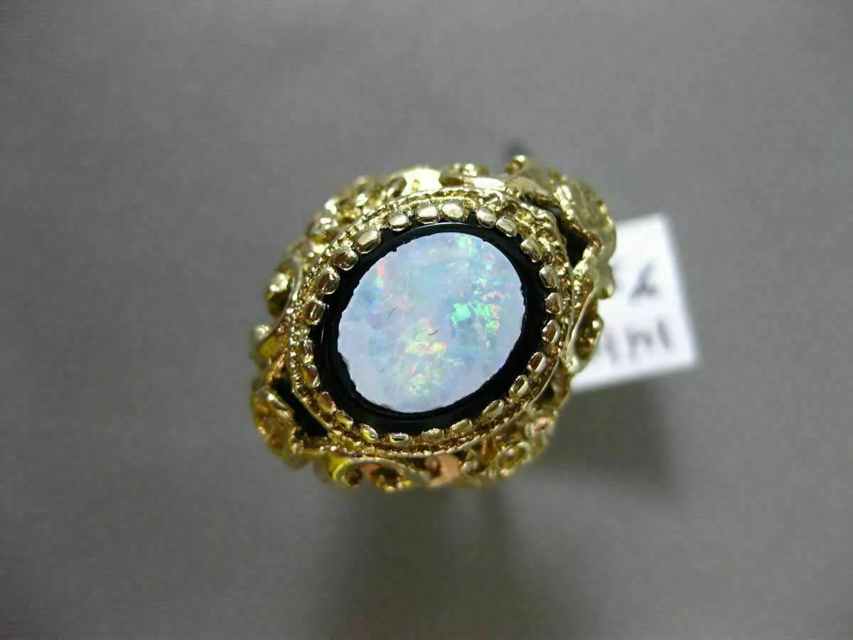 ANTIQUE LARGE BLACK ONYX & OPAL 14K YELLOW GOLD MULTI ROYAL FILIGREE FLOWER RING