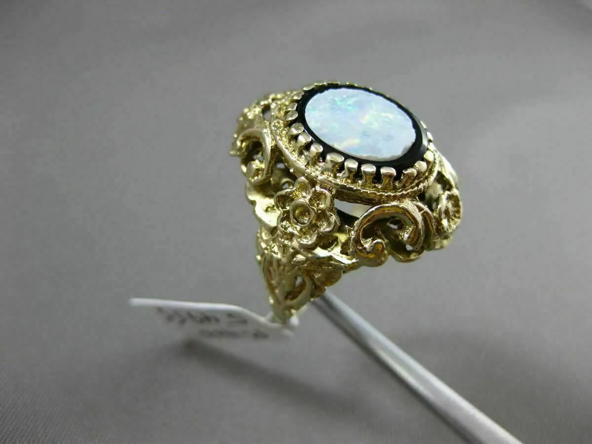 ANTIQUE LARGE BLACK ONYX & OPAL 14K YELLOW GOLD MULTI ROYAL FILIGREE FLOWER RING