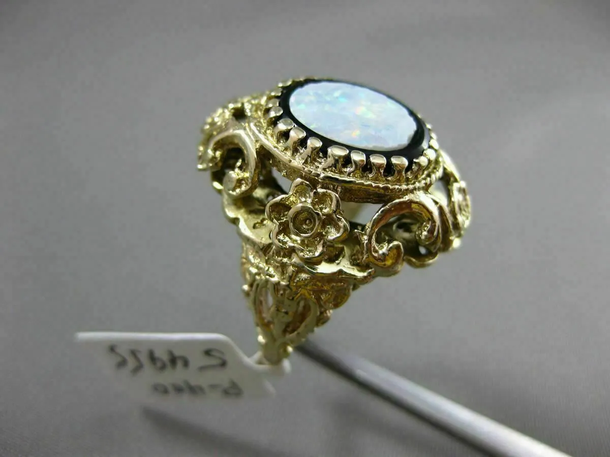 ANTIQUE LARGE BLACK ONYX & OPAL 14K YELLOW GOLD MULTI ROYAL FILIGREE FLOWER RING