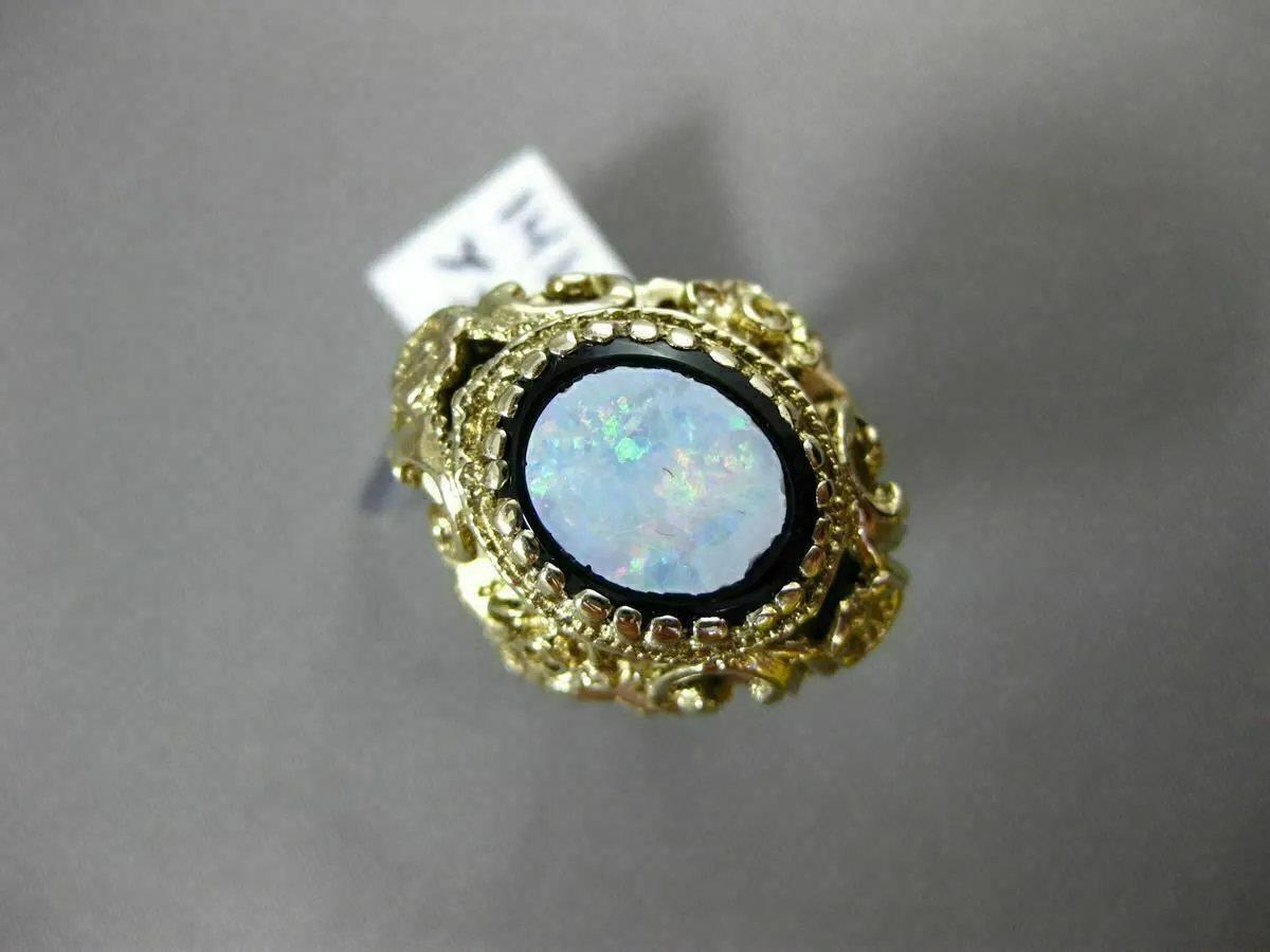 ANTIQUE LARGE BLACK ONYX & OPAL 14K YELLOW GOLD MULTI ROYAL FILIGREE FLOWER RING