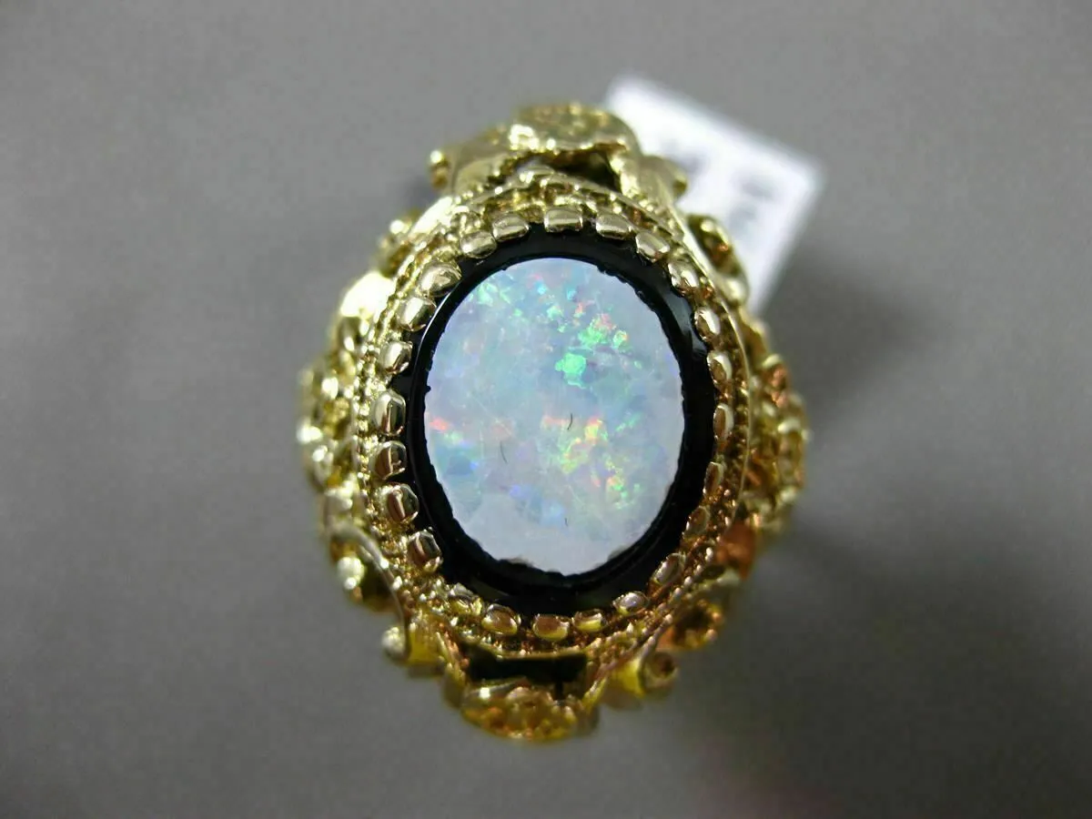 ANTIQUE LARGE BLACK ONYX & OPAL 14K YELLOW GOLD MULTI ROYAL FILIGREE FLOWER RING